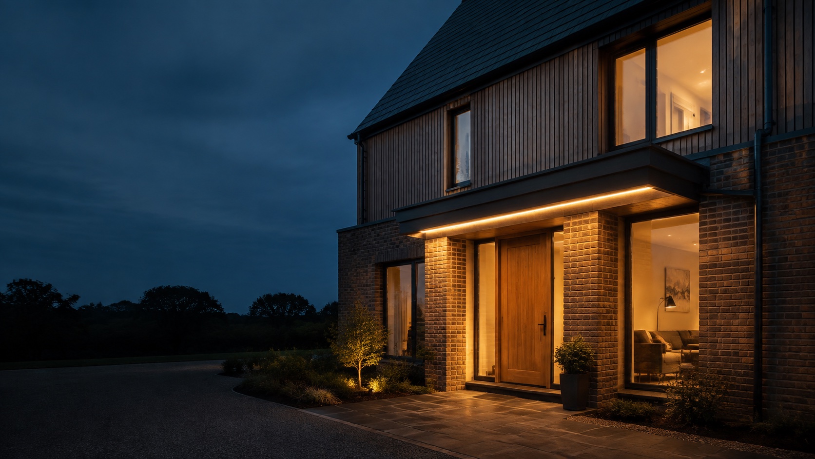 Illustrative contemporary British home with warm architectural lighting